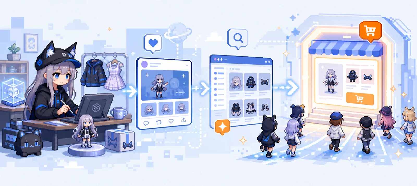X投稿、まとめサイト、BOOTH掲載を表すドット絵